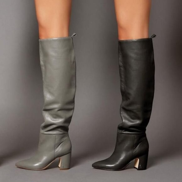 New SAM EDELMAN 7 6.5 Hutton Taupe Grey Leather Over-the-knee OTK Boot - Picture 1 of 5